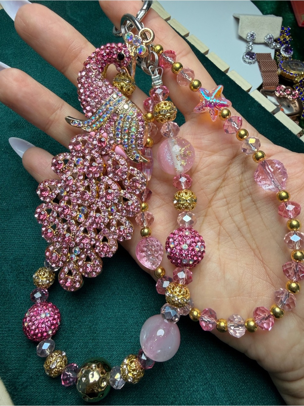 Large Pink Crystal Flamingo Bag Charm or Keychain